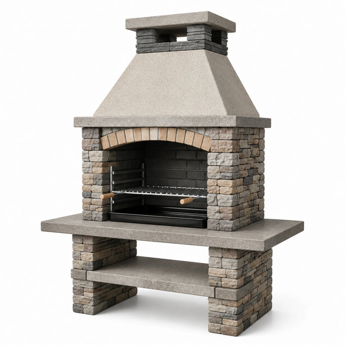 Betongrillkamin mit Natursteinoptik und Edelstahlrost Grau