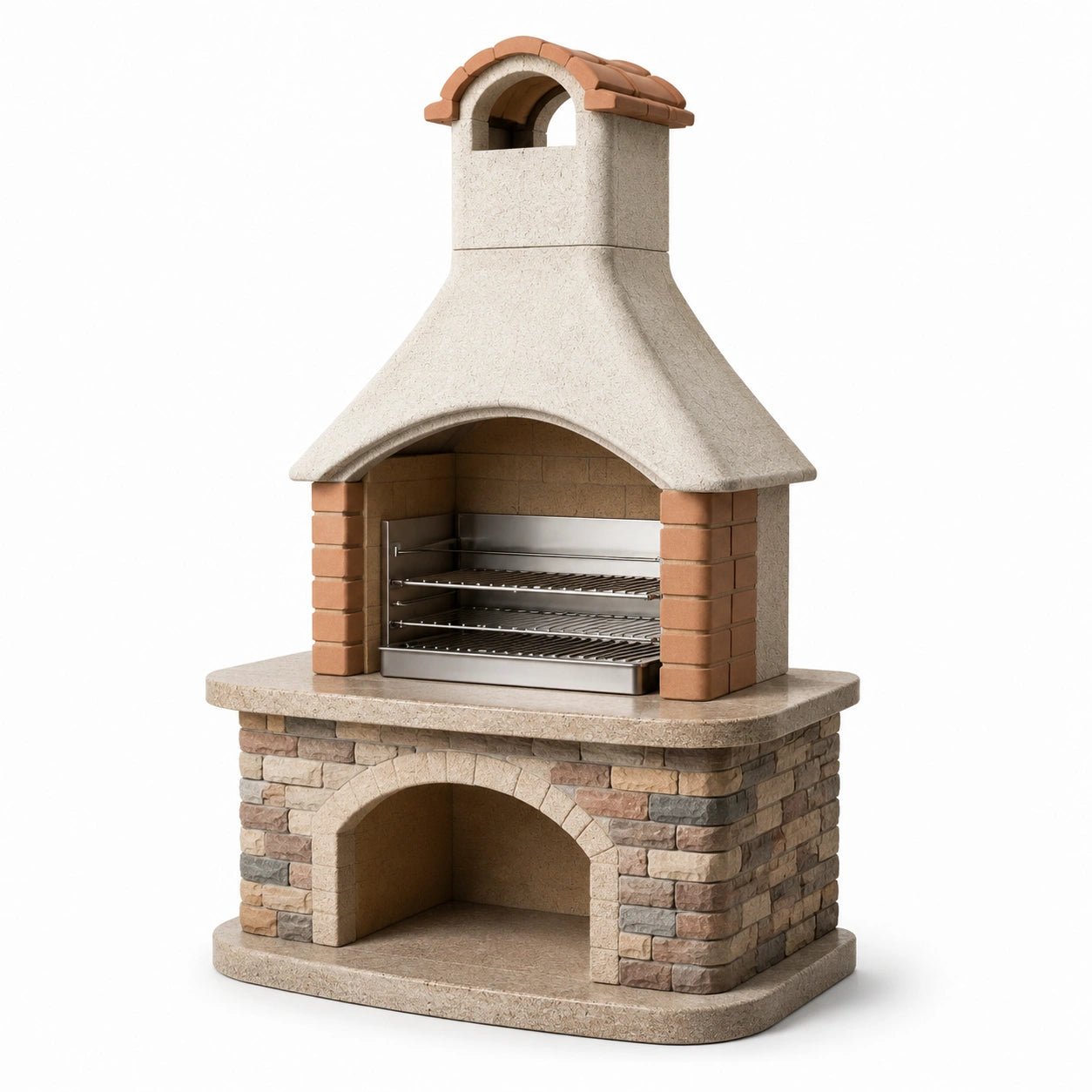 Beton Grillkamin mit Edelstahlrosten, Beige/Terrakotta