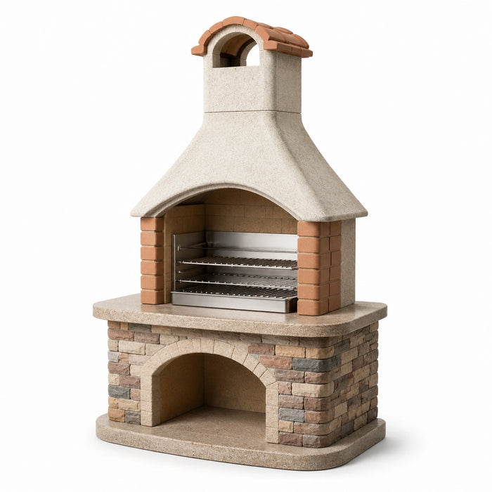 Beton Grillkamin mit Edelstahlrosten, Beige/Terrakotta
