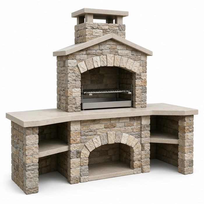 Grillkamin aus Naturstein mit Edelstahlgrill, beige, 200x80x200 cm
