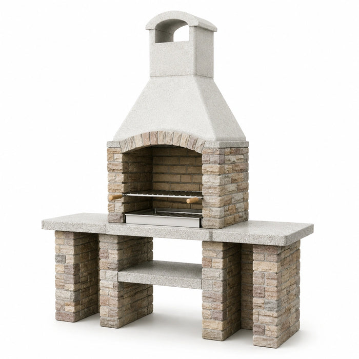 Grillkamin aus Naturstein mit Edelstahlrost, Grau/Beige, 200 cm Höhe