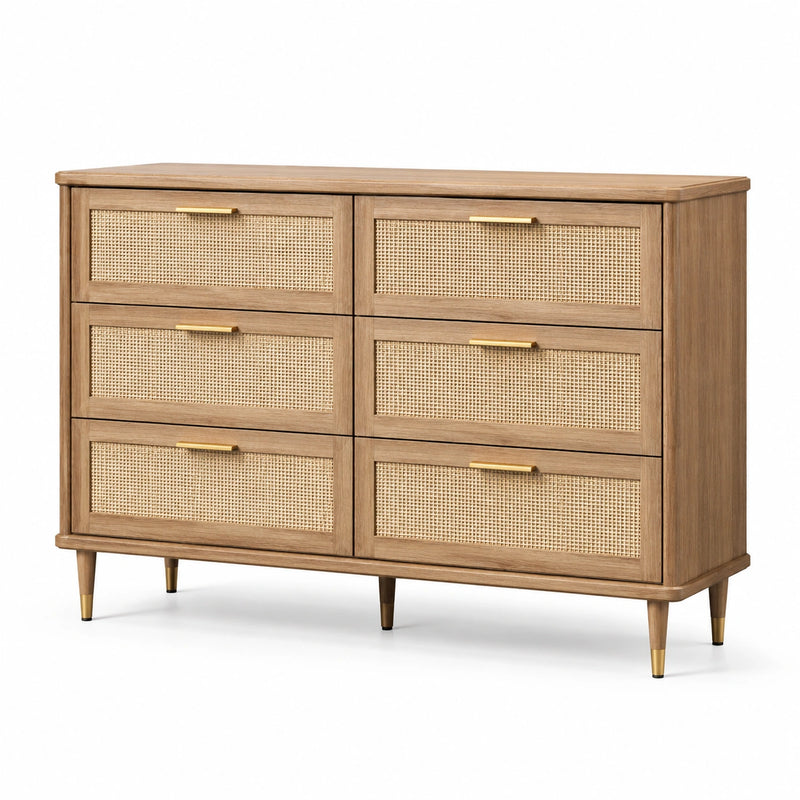 Holz Kommode mit Rattan und Metallgriffen, Braun, 120x40x75 cm