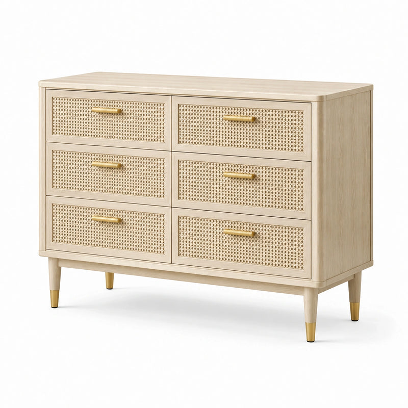Schubladenschrank aus Holz und Rattan mit Metallgriffen 120cm Eiche Natur