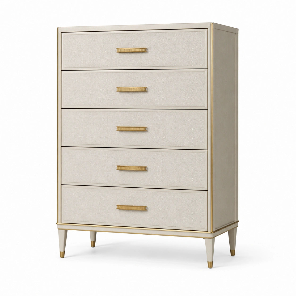 Kommode mit 5 Schubladen aus Holz und Messinggriffen, Beige
