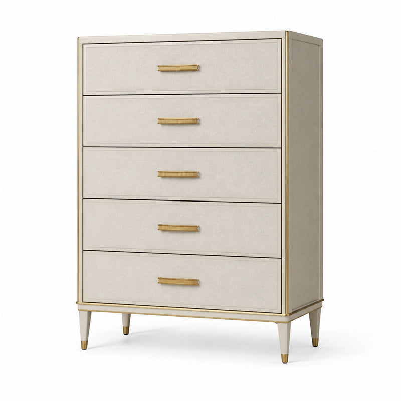 Kommode mit 5 Schubladen aus Holz und Messinggriffen, Beige