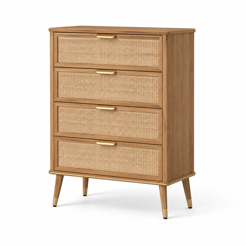Schubladenschrank aus Holz mit Rattan 4 Schubladen