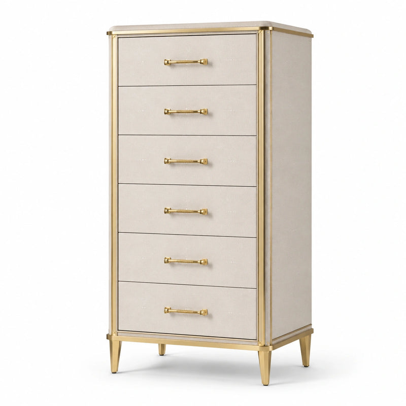 Holz- und Metallkommode mit 6 Schubladen in Beige und Gold