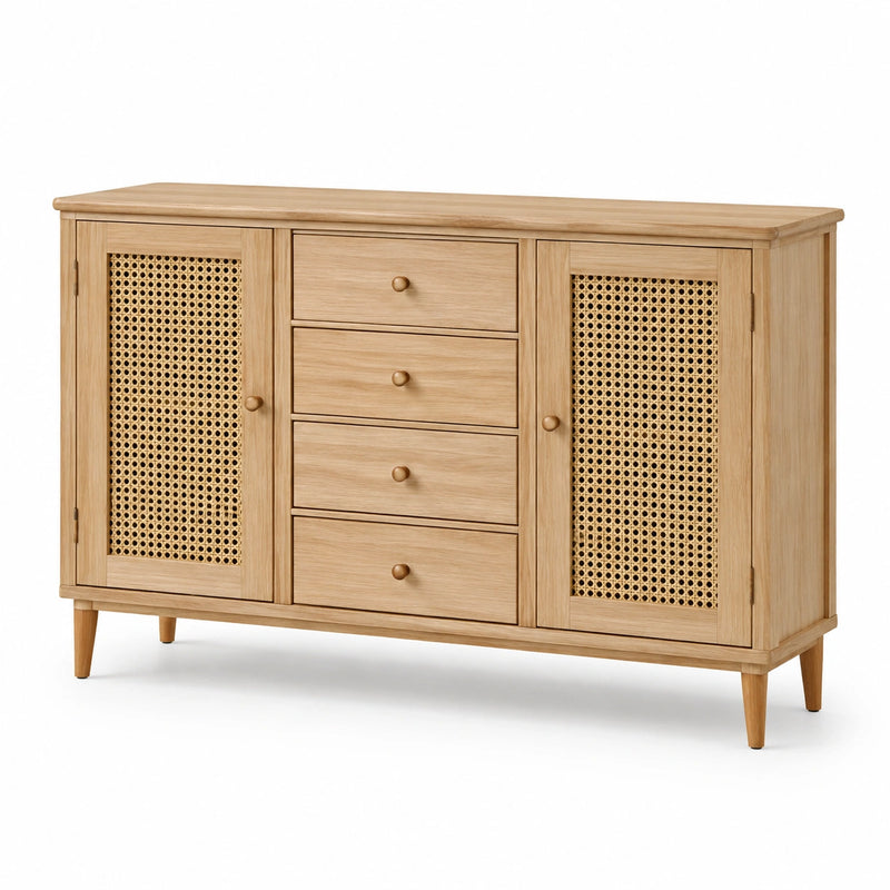 Sideboard aus Eichenholz mit Rattantüren und 4 Schubladen, Natur, 120x40x80 cm