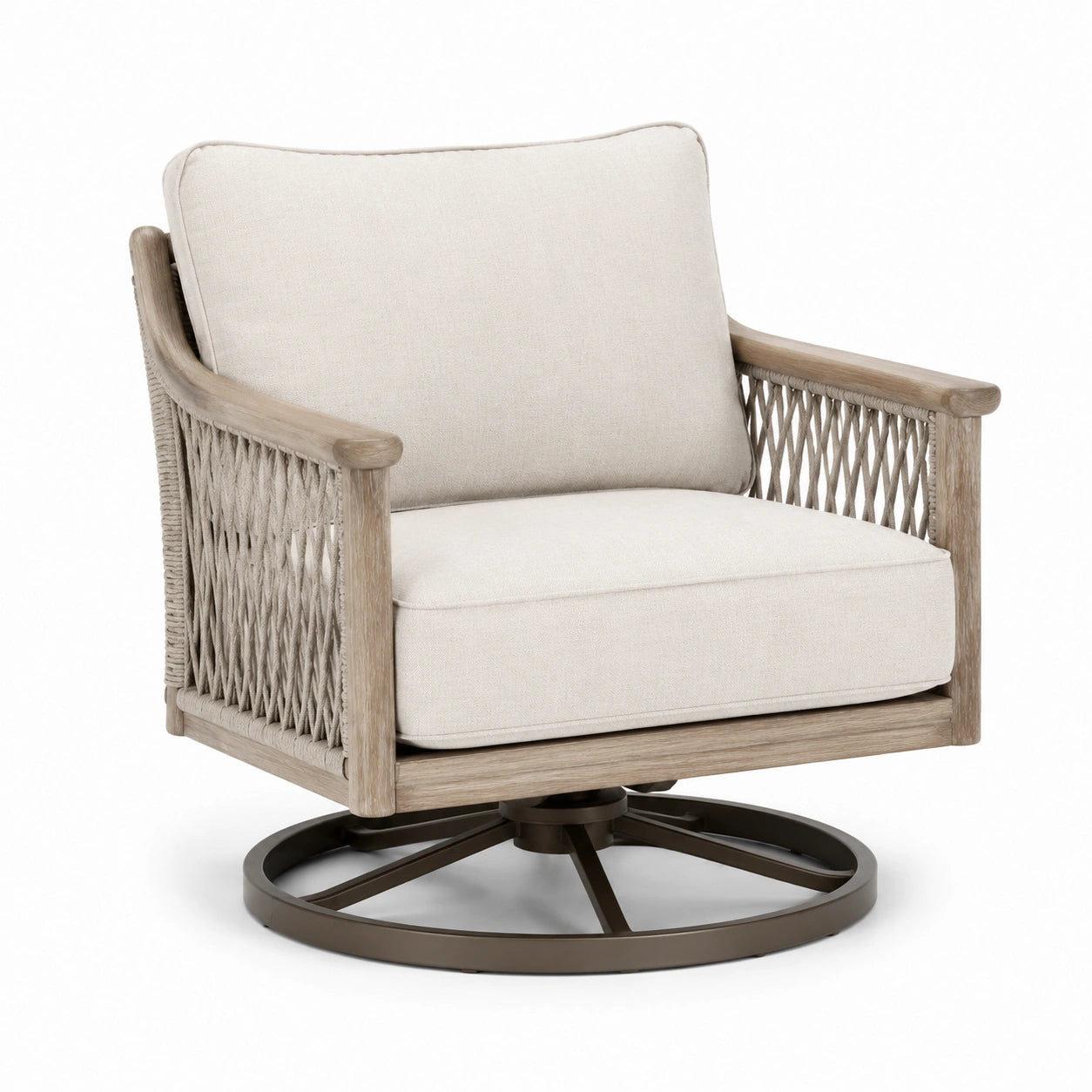 Drehsessel aus Eichenholz mit Polyestergarn und pulverbeschichtetem Stahl, Beige