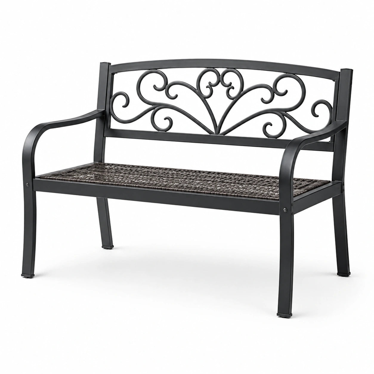 Metall Gartenbank mit Rattan Sitzfläche Schwarz 120 cm