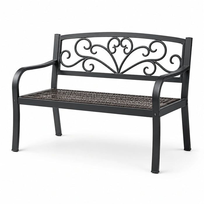 Metall Gartenbank mit Rattan Sitzfläche Schwarz 120 cm