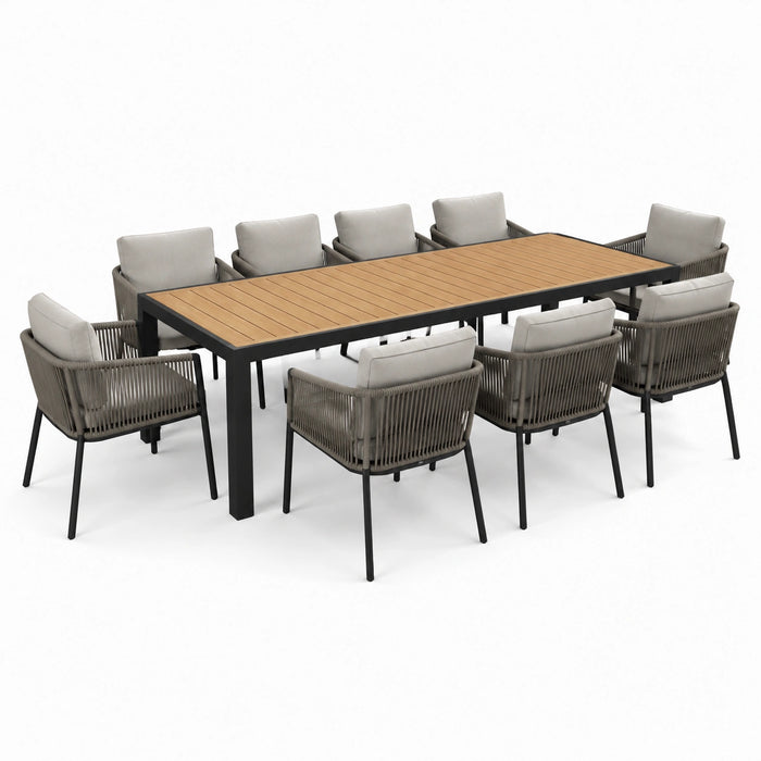 Essgruppe aus Aluminium mit Tisch und Stühlen, Teakholzoptik, Beige/Grau