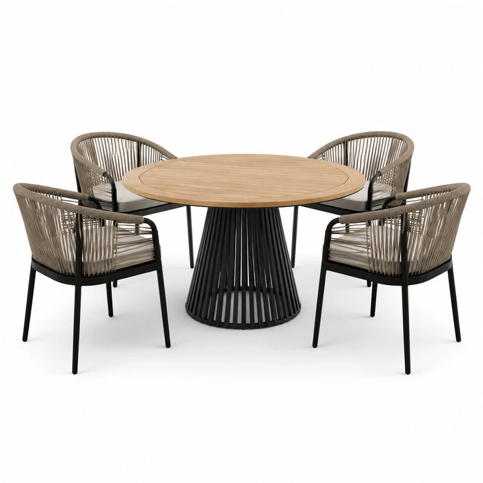 Garten-Essgruppe mit Rundem Tisch aus Akazienholz und Metallgestell, Natur/Schwarz