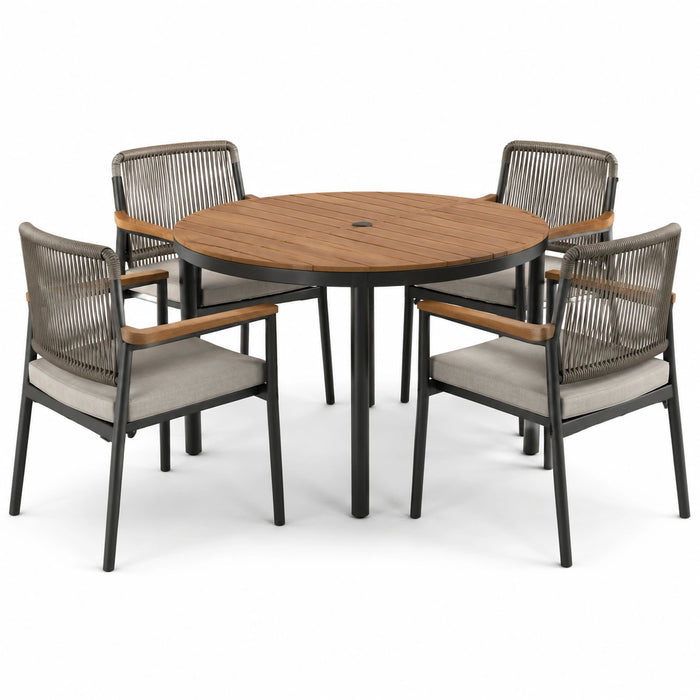 Runde Garten-Essgruppe aus Aluminium und Teak mit 4 Stühlen