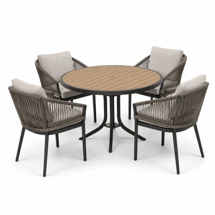 Garten-Essgruppe 5-teilig Aluminium Tisch Holzoptik Ø120 cm Grau mit 4 Stühlen Seil Kissen Beige